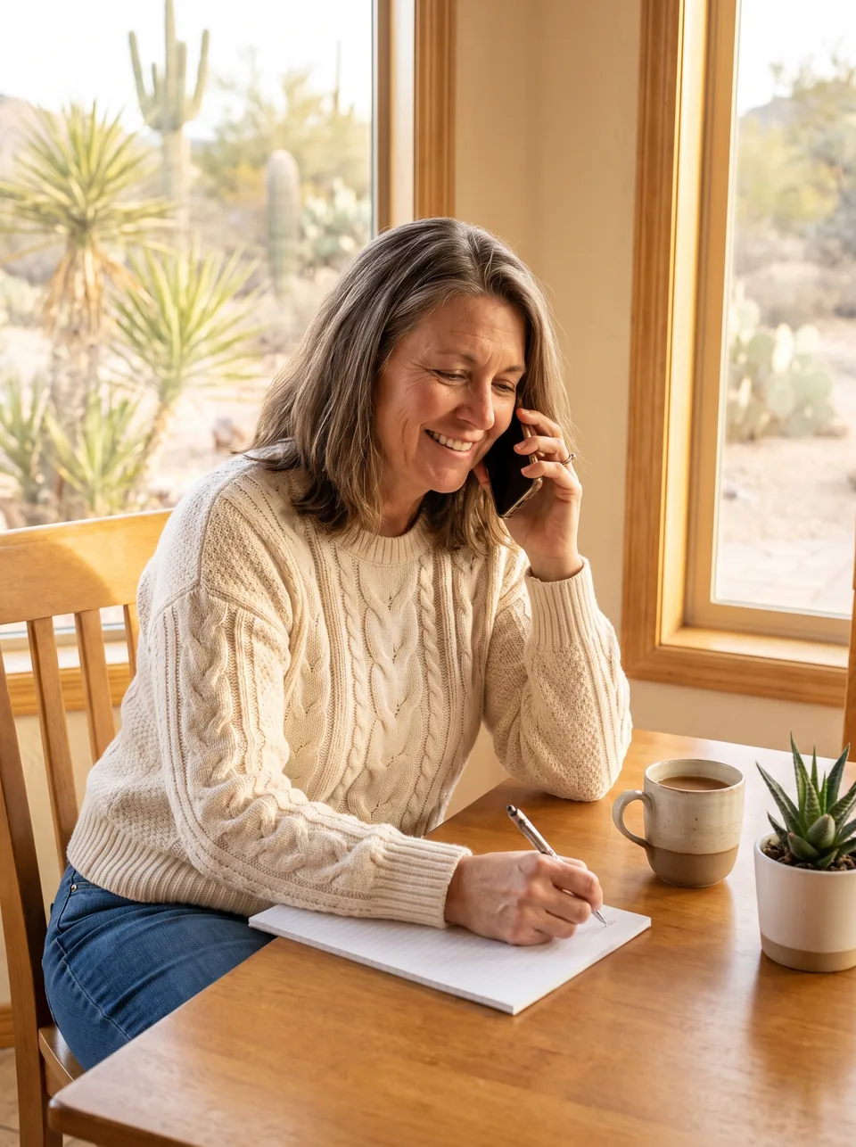 A woman at her kitchen table smiles as she makes a phone call and takes notes
