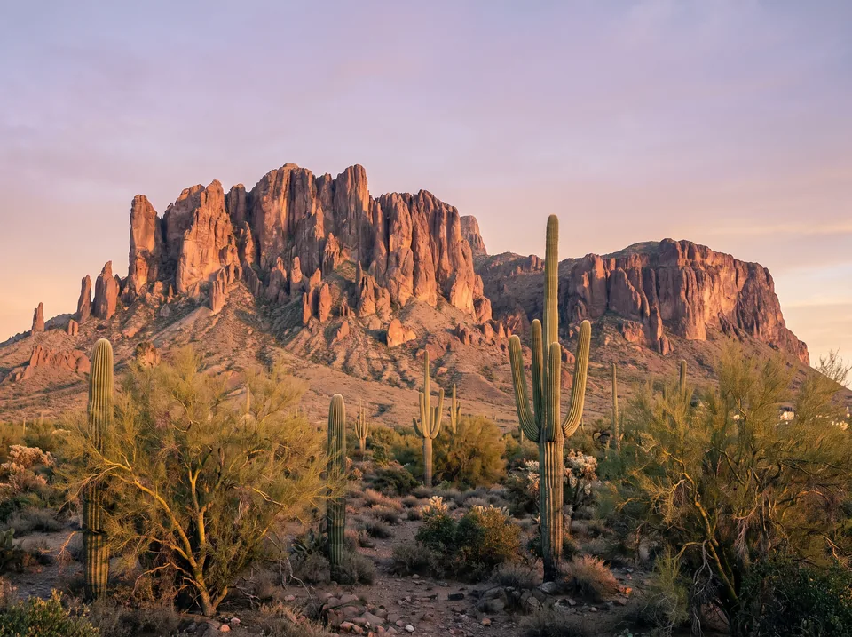 The Superstition Mountains glowing at sunset above the desert near Apache Junction