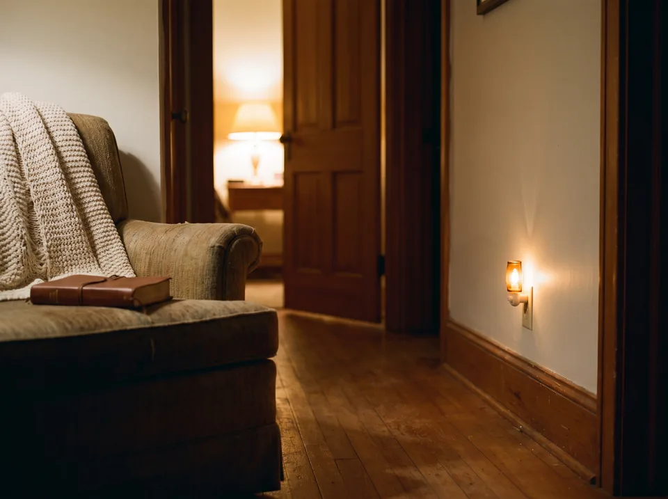 A quiet hallway at night with a night light and an armchair with a folded blanket