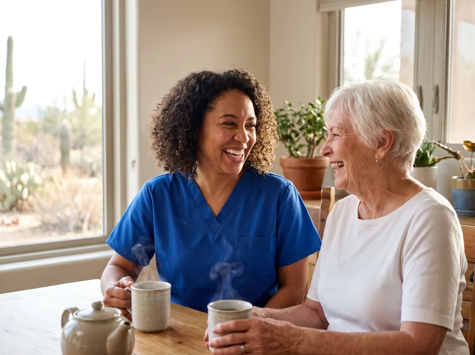 A caregiver laughs with an older woman over cups of tea at her kitchen table