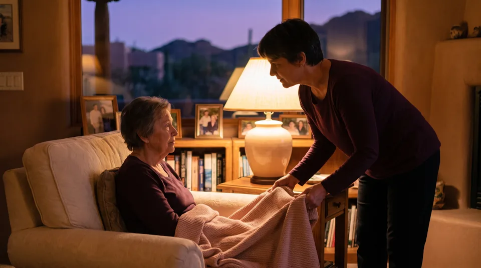 A caregiver settles a soft blanket over an older woman's lap in a lamplit living room