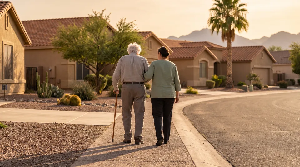 An older man with a cane walks arm in arm with a caregiver along a Gilbert sidewalk at golden hour