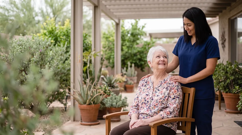 A smiling older woman looks up at a caregiver who rests a hand on her shoulder on a shaded patio